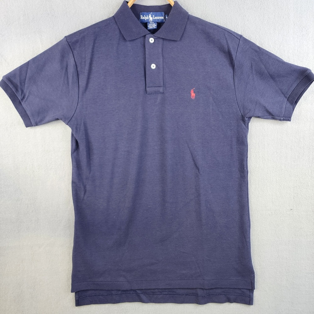Ralph‎ Lauren Men Polo Shirt Size L Navy Blue Red Pony Short Sleeve Cotton